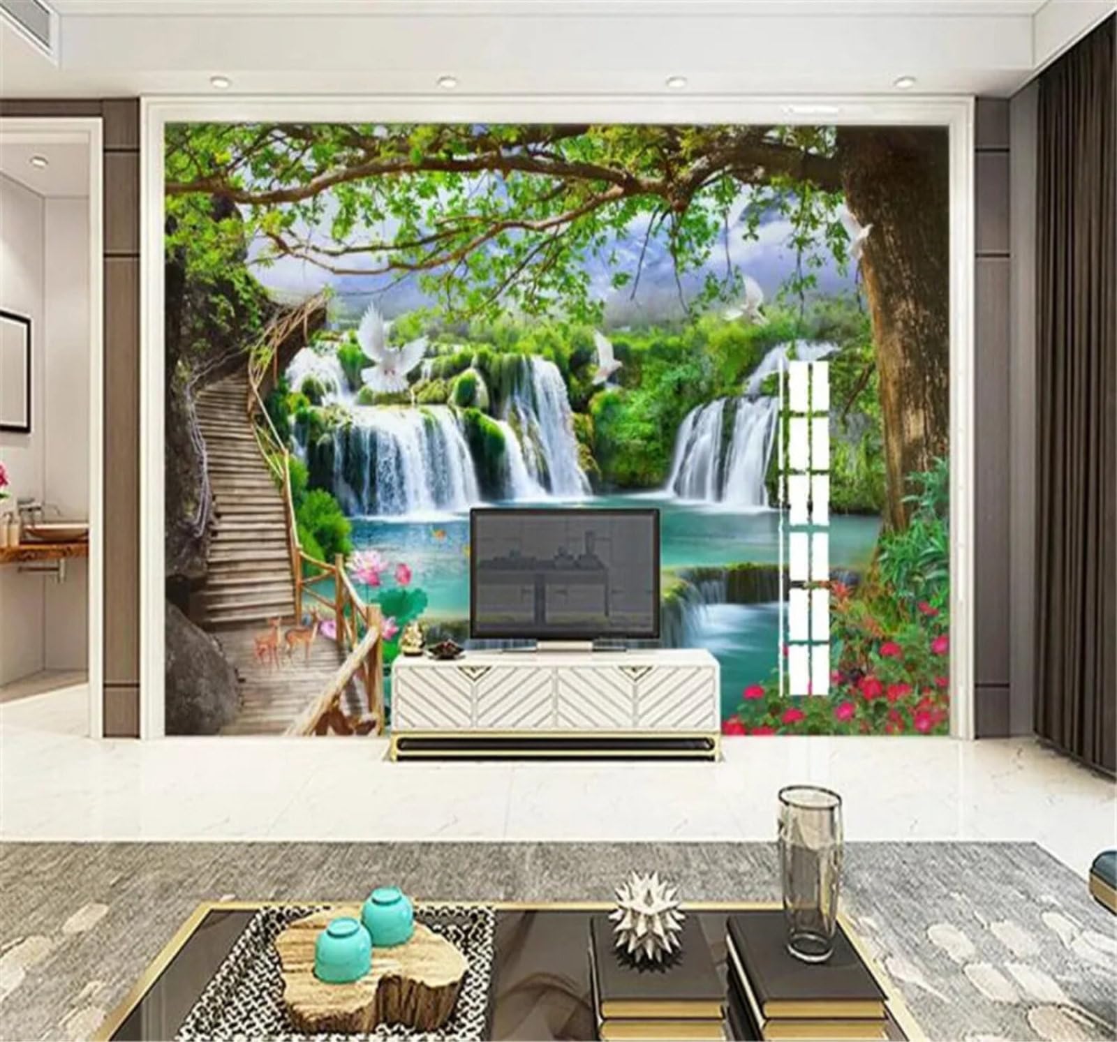 Tzxztt Fresh Green Large Tree Forest Waterfall Landscape Modern 3D Wallpaper Premium Textured Silk Neutral Tones Material Ideal for Living Room Bedroom-250cm×170cm