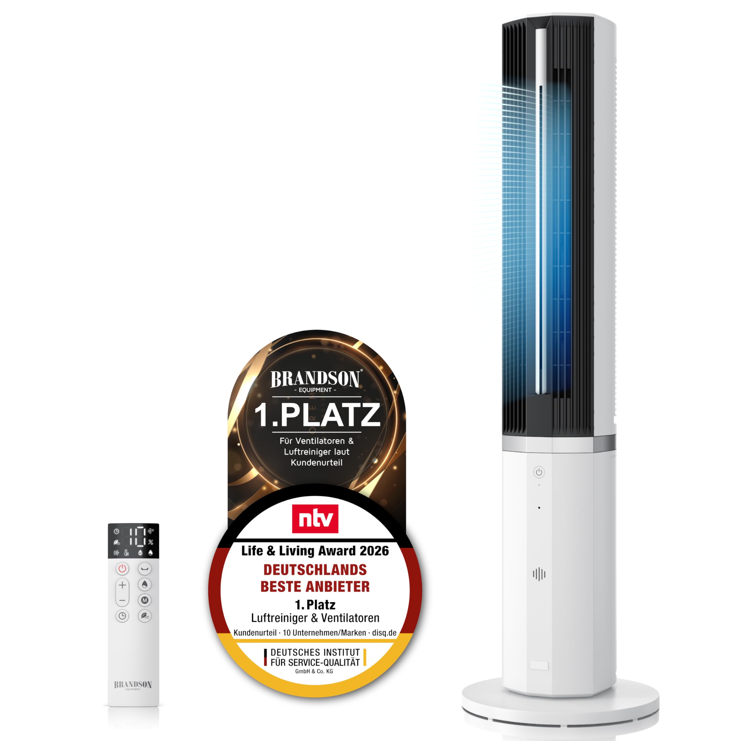 Brandson - mobiles Klimagerät inkl. Luftbefeuchter - Sieger Ventilatoren und Luftkühler 2026 - Turmventilator mit Wasserkühlung - DC Motor sehr leise – 12 Geschwindigkeiten - Fernbedienung