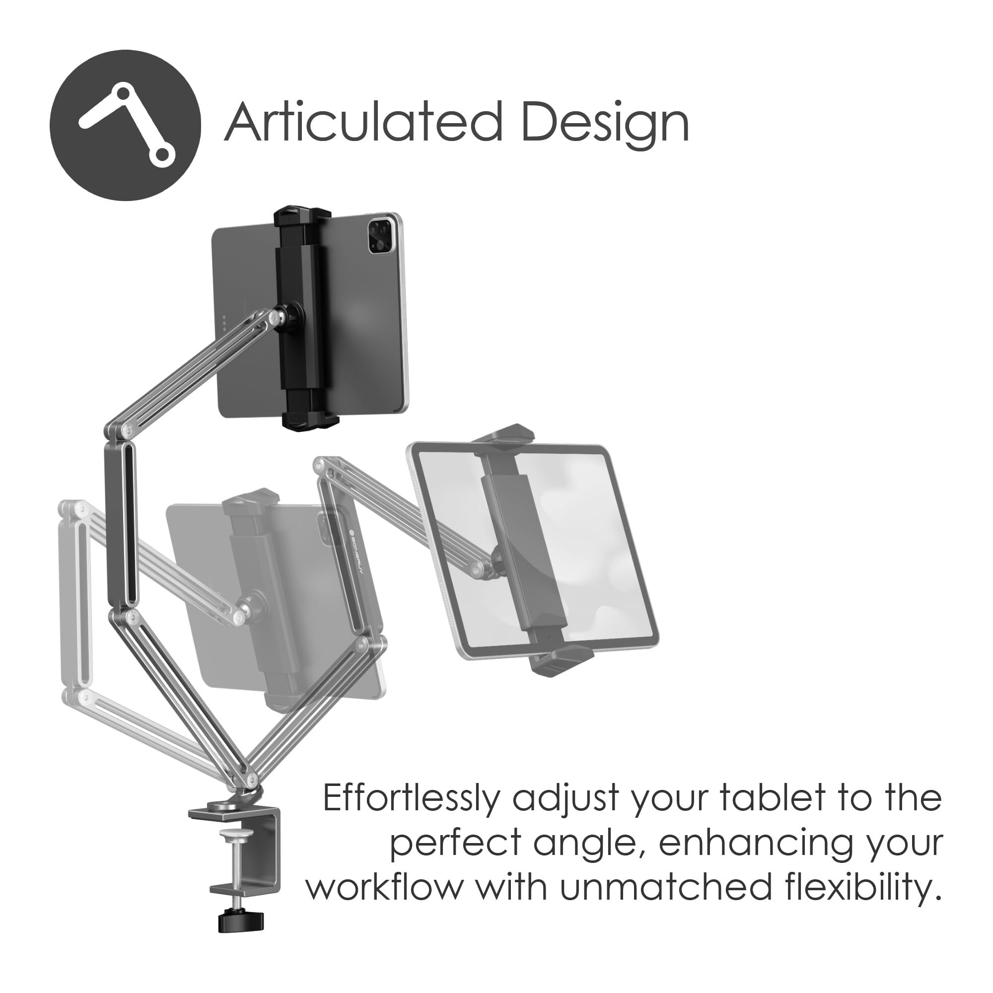 Desire2 Flex Arm przenośny uchwyt na tablet, stylowy uchwyt na biurko, w pełni regulowane ramię pasuje do większości tabletów, przenośny stojak na tablet do łatwego przenoszenia, trwały aluminiowy