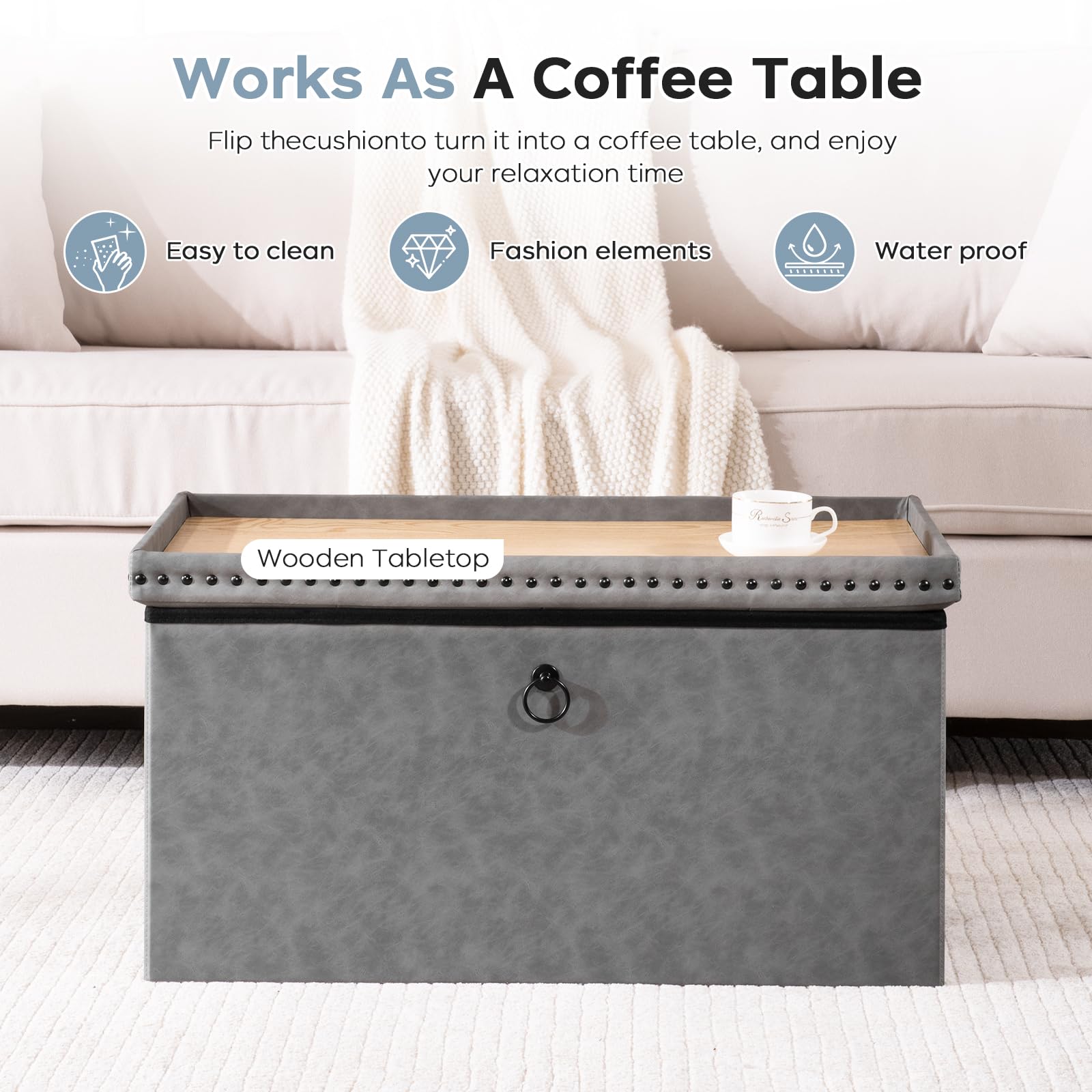 oakvivo Small 16 x 12 x12 Inches Folding Storage Ottoman, Faux Leather Foot Rest Stool with Rivet Design, Ottoman with Storage Vanity Stool Coffee Table for Living Room, Bedroom, Load 242 lbs, Green: Grey 15"D x 30"W x 15"H