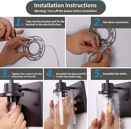 Miniatura 4 de Paquete de 2 lámparas de tocador de baño, apliques de pared, modernas luces de pared de baño interiores con vidrio semillado, accesorios de pared