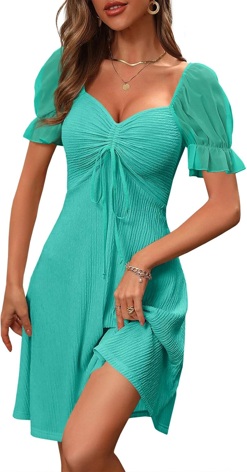 Wenrine Womens Summer Short Puff Sleeve Mini Dresses Drawstring Sweetheart Neck Casual Slim Flowy Dress Sundress Large Lake Green