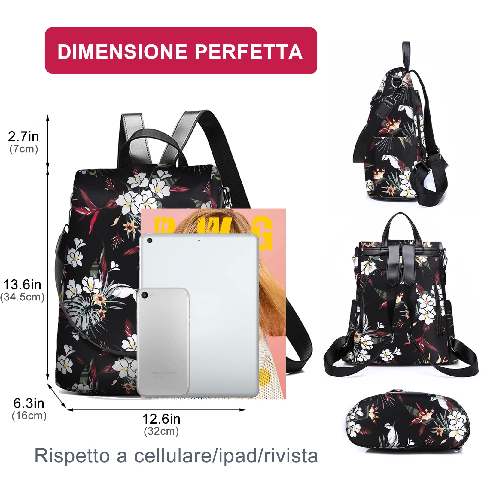 Fmeida Zaino Donna Antifurto Moda Borsa Donna con Tracolla Borse Zainetto da Viaggio Impermeabile