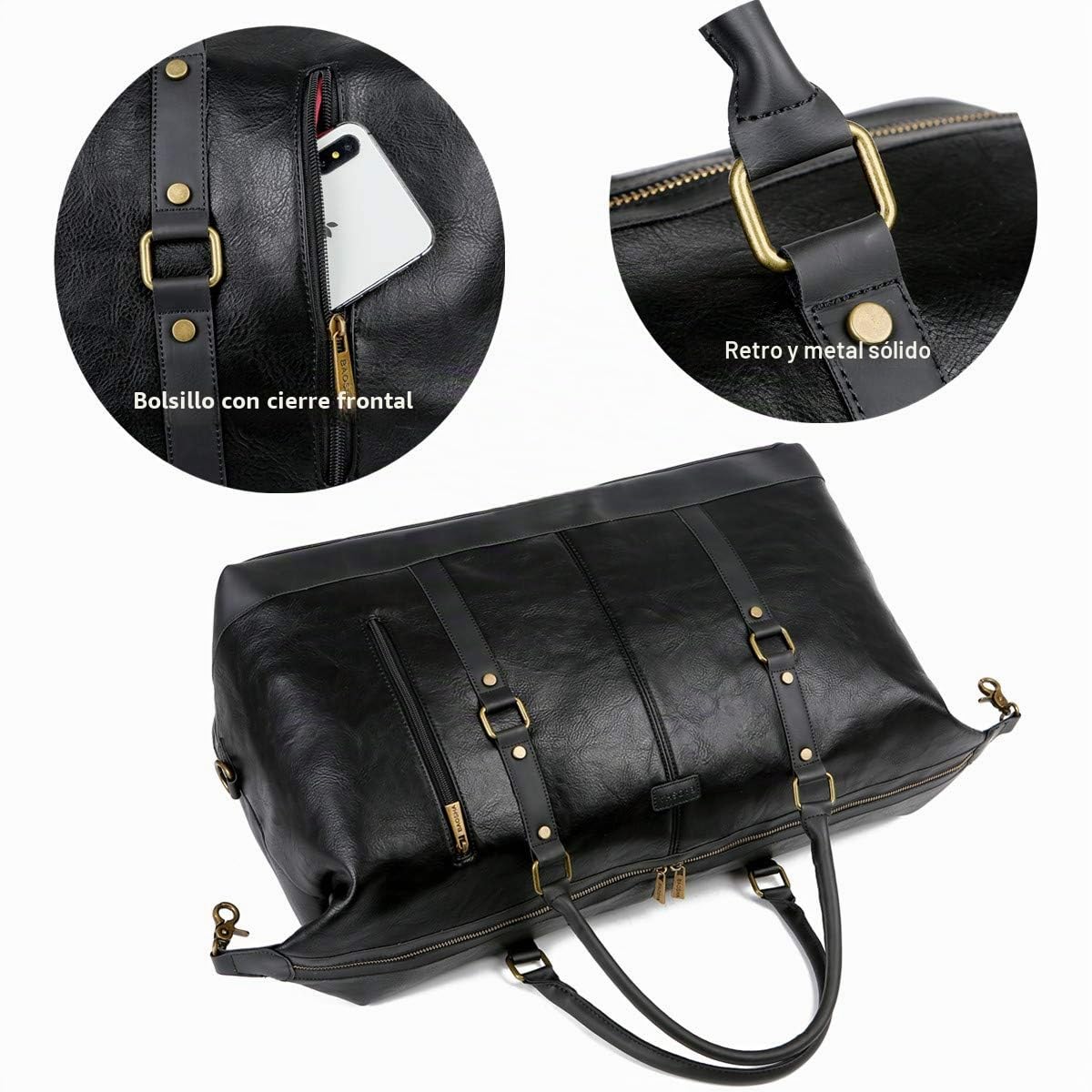 BAOSHA Bolsa de viaje grande de cuero para hombre, equipaje de mano, bolso de viaje, bolsa de viaje para fin de semana HB-14, Negro , L