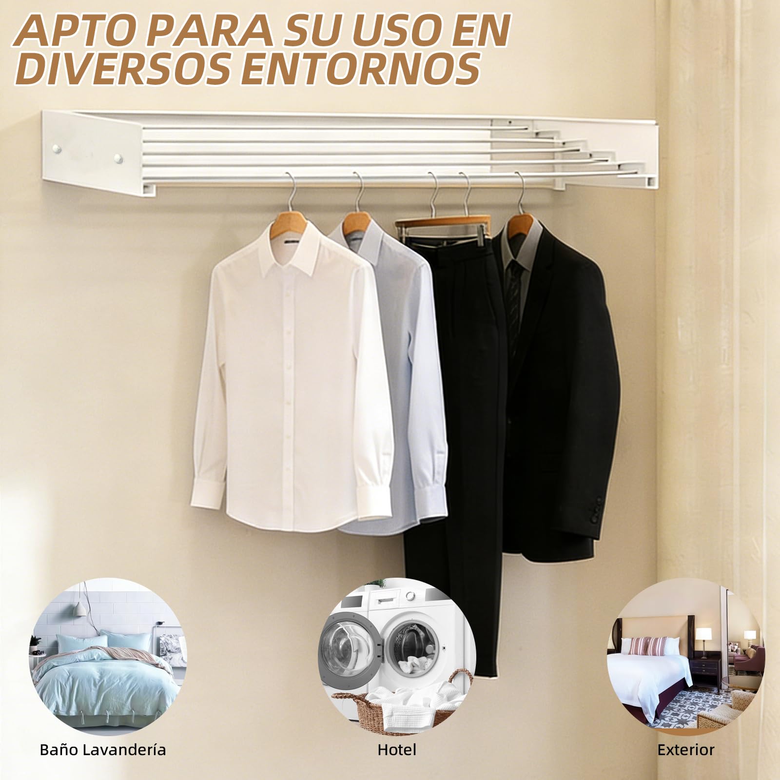 Tendedero de pared de acero al carbono, 60 cm, tendedero extensible con 4 ganchos, capacidad de carga de 25 kg, toallero de ahorro de espacio, adecuado para balcones, terrazas y baños (blanco)