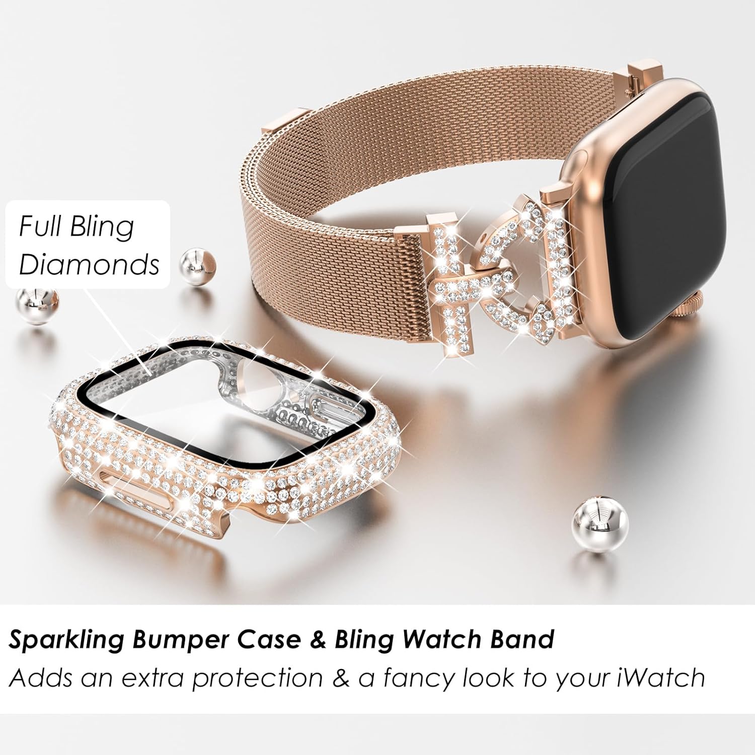 WINGLE Milanese Loop for Apple Watch Bands Women 40mm 41mm 38mm 46mm 45mm 44mm 42mm Series 11 10 SE 3/2/1 9 8 7 6 5 4 3 2 1 Slim Magnetic Mesh Band with Bling Case Protector Dressy iWatch Metal Strap - Image 4