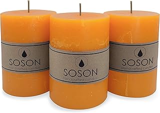 Simply Soson Rustic 3x4 Apricot Orange Pillar Candles Set of 3 - Unscented Amber Candles - Home Decor Large Candles - Colored Fall Pillar Candles Bulk