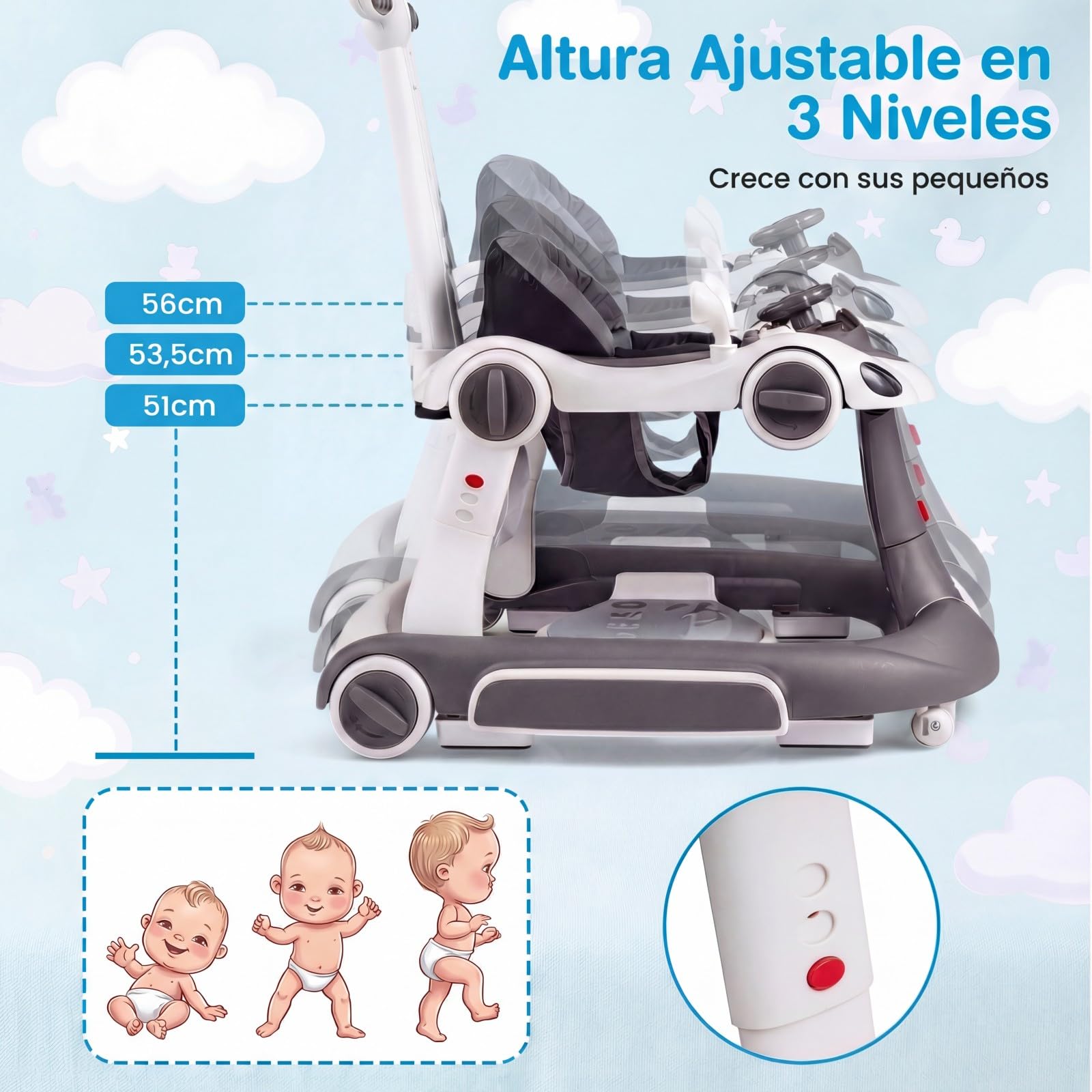 COSTWAY 7 en 1 Andador Bebes con Capota, Tacata Bebe Plegable con Altura y Velocidad Regulables con Modo Mecedora, Música, Luces y Diseño Antivuelco,Caminador para Bebe de 7-18 Meses (Gris y Blanco) - 3