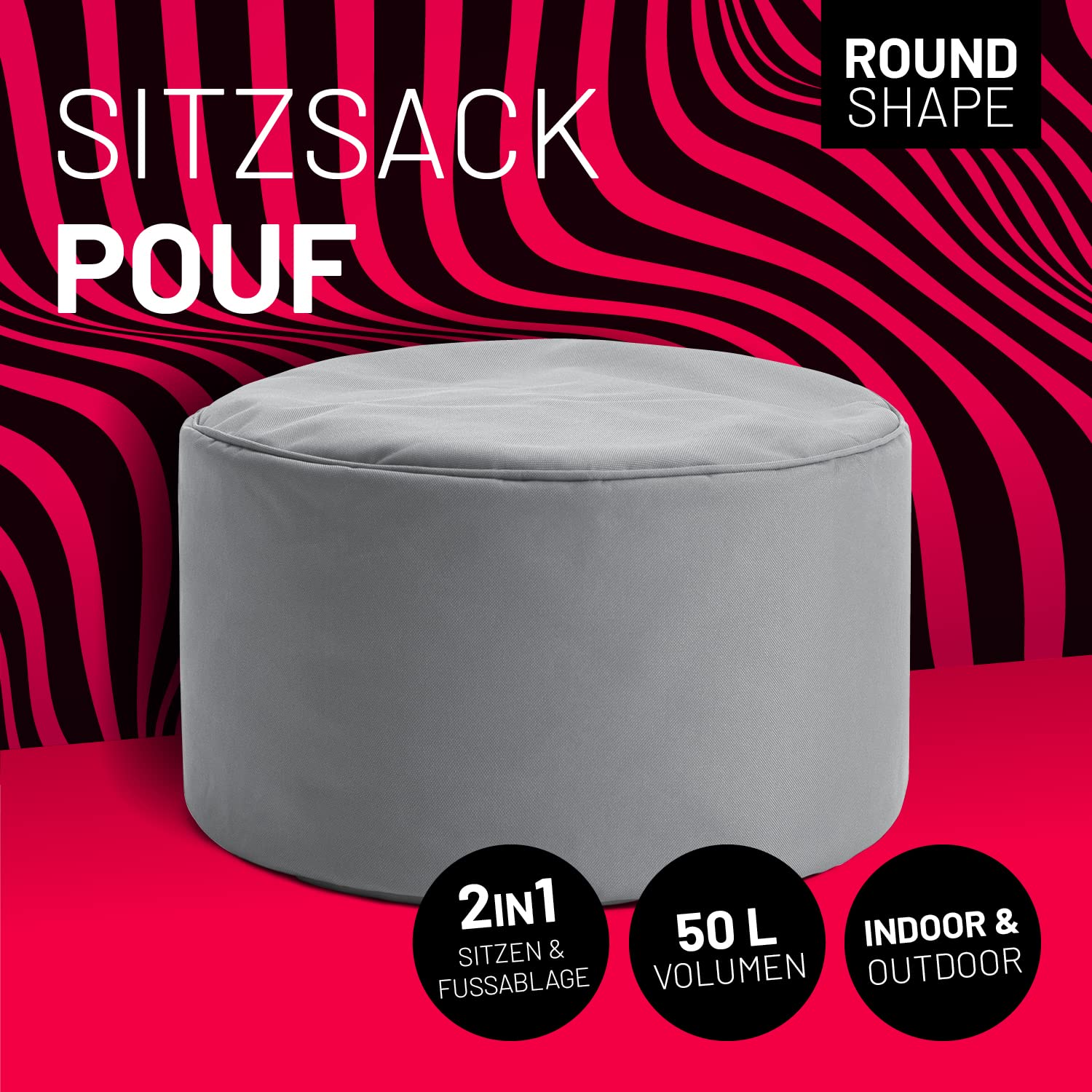Lumaland Sitzsack Pouf (50 L) | Kompakter Sitzsack mit 3-in-1-Funktion: bequemer Hocker, praktisches Tischchen & stylischer Fußschemel für in- & Outdoor I Mit Flexibler EPS-Füllung | Ø 25 x 45 cm