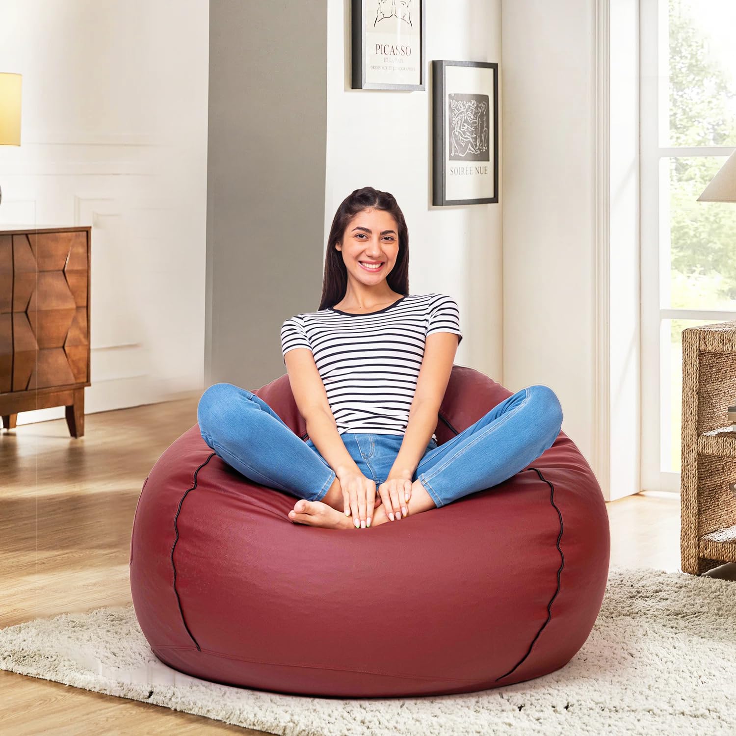 Amazon Brand - Solimo 5XL Premium Faux Leather Bean Bag Filled with Beans for Living Room | Capacity Upto 6'7" Height & 130 Kg Weight | Pre-Filled Bean Bags for Office Use (Tan with Black Piping)-picture-31