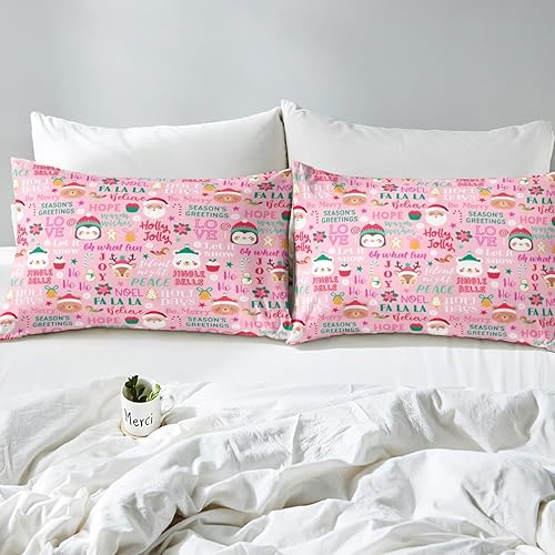 Miniatura 5 de Juego de funda de edredón rosa de Navidad para niñas, tamaño matrimonial, lindo juego de ropa de cama de dibujos animados de pingüino de Papá Noel,