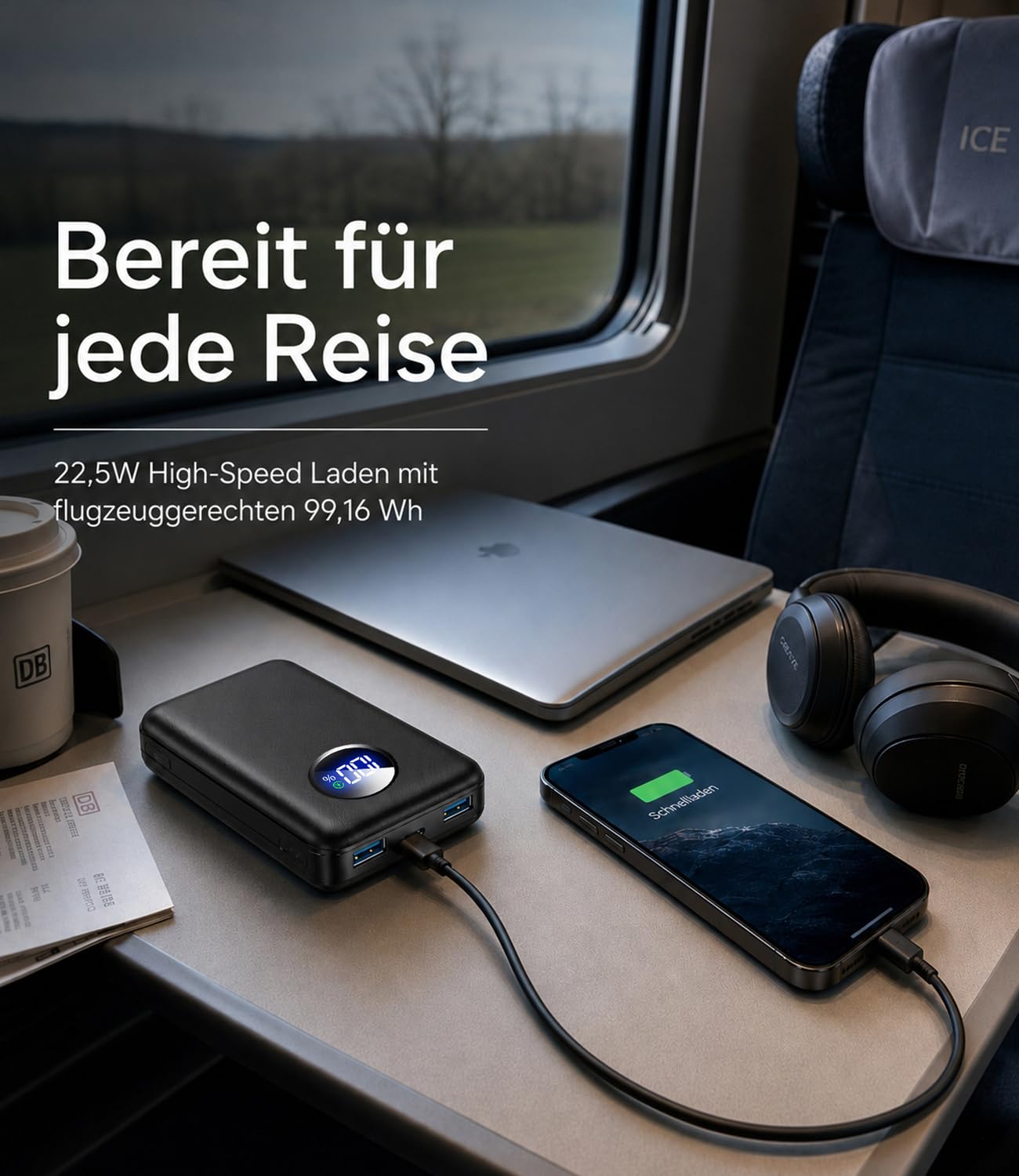 Powerbank 26800 mAh, 22,5 W, funzione di ricarica rapida, batteria esterna con 3 uscite (USB-C 20 W PD 3.0 & QC 3.0 USB-A), approvato per aerei, caricabatterie compatto per iPhone 17, 16, 15, Samsung