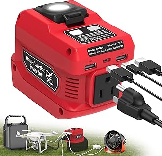 220W Power Inverter Compatible with Milwaukee 18V Battery, DC 18V to AC 110V Battery Inverter, Power Station Generator with 1 AC Outlet, 2 USB Ports & 1 Type-C Fast Charging, 400LM LED Work Light
