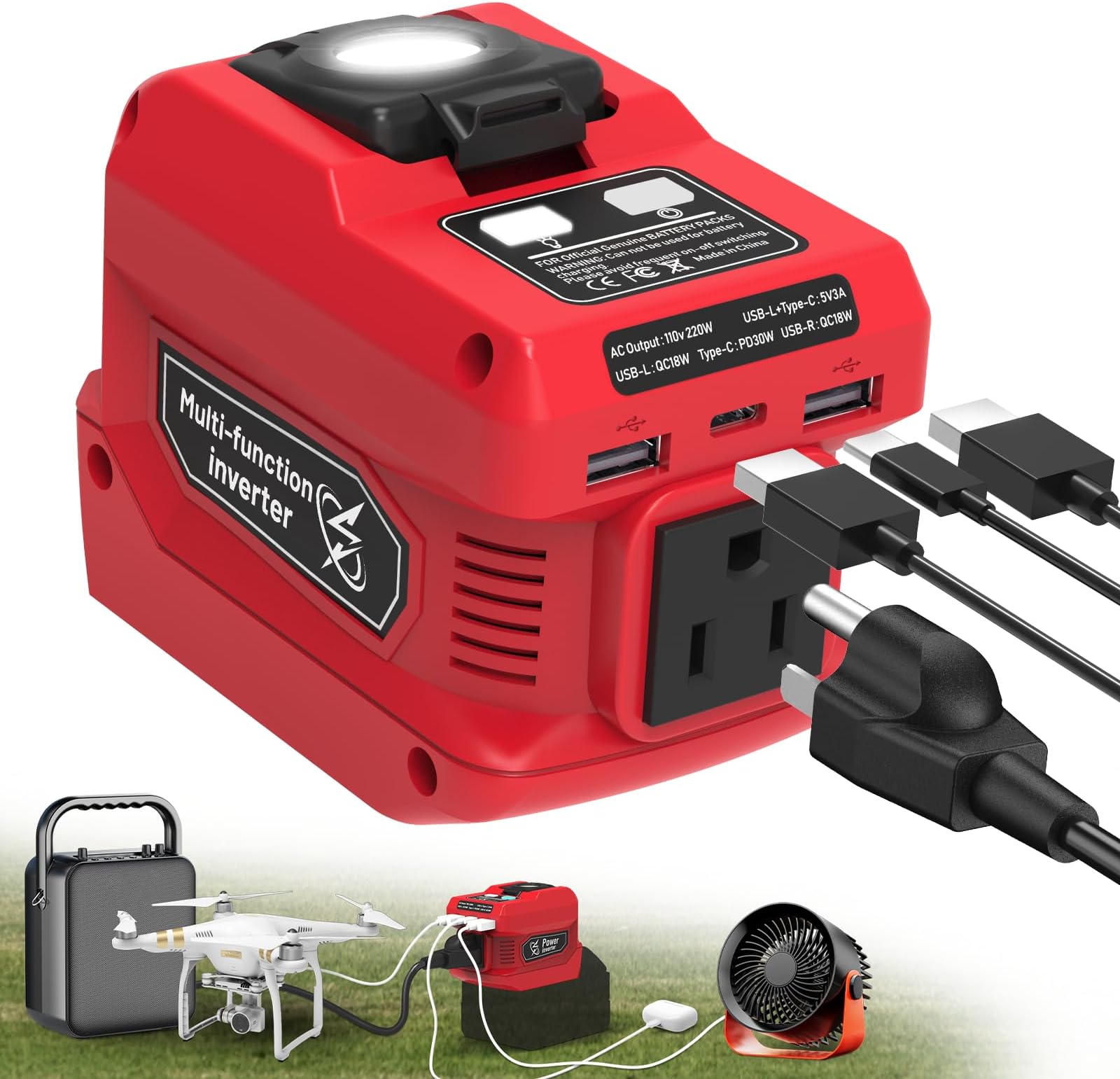 220W Power Inverter Compatible with Milwaukee 18V Battery, DC 18V to AC 110V Battery Inverter, Power Station Generator with 1 AC Outlet, 2 USB Ports & 1 Type-C Fast Charging, 400LM LED Work Light