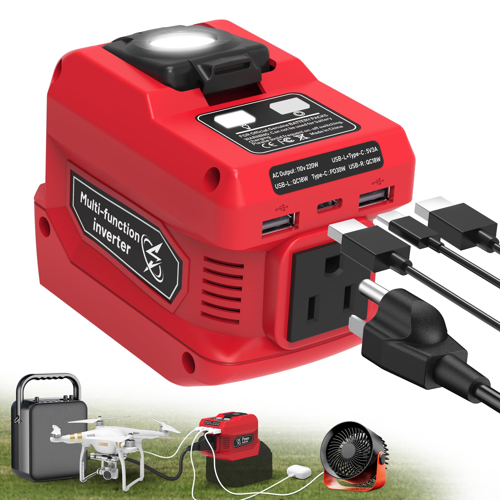 220W Power Inverter Compatible with Milwaukee 18V Battery, DC 18V to AC 110V Battery Inverter, Power Station Generator with 1 AC Outlet, 2 USB Ports & 1 Type-C Fast Charging, 400LM LED Work Light