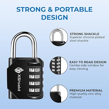 XShield 4-Digit Combination Padlock | Heavy-Duty Keyless Lock with 10,000 Code Options | Weather-Resistant Alloy Body | Ideal for Lockers, Gates, Gym, Outdoor & Travel – Black (Pack of 3)