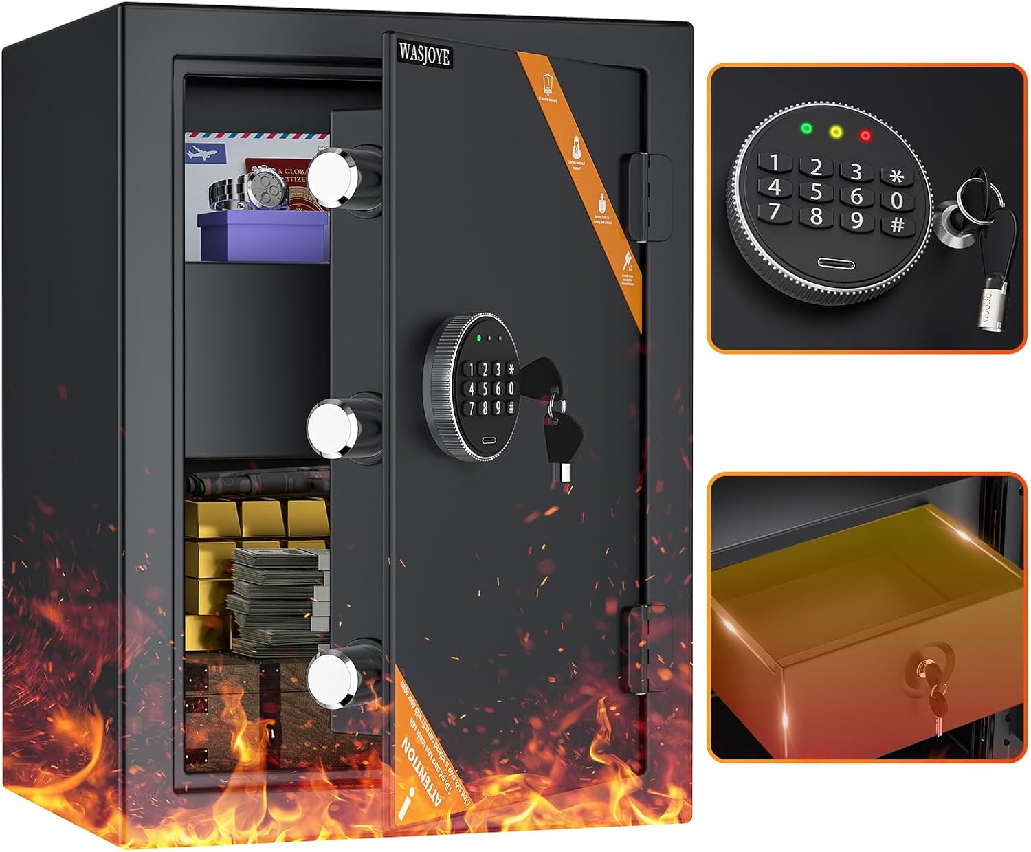WASJOYE Fireproof Cabinet Safe Box, Home Security Safes with Fireproof Lock Drawer, Money Cabinet Safe Box Safety Key Lock for Home Office Hotel Jewelry Cash Document Passport Storage 2.5 Cubic Feet