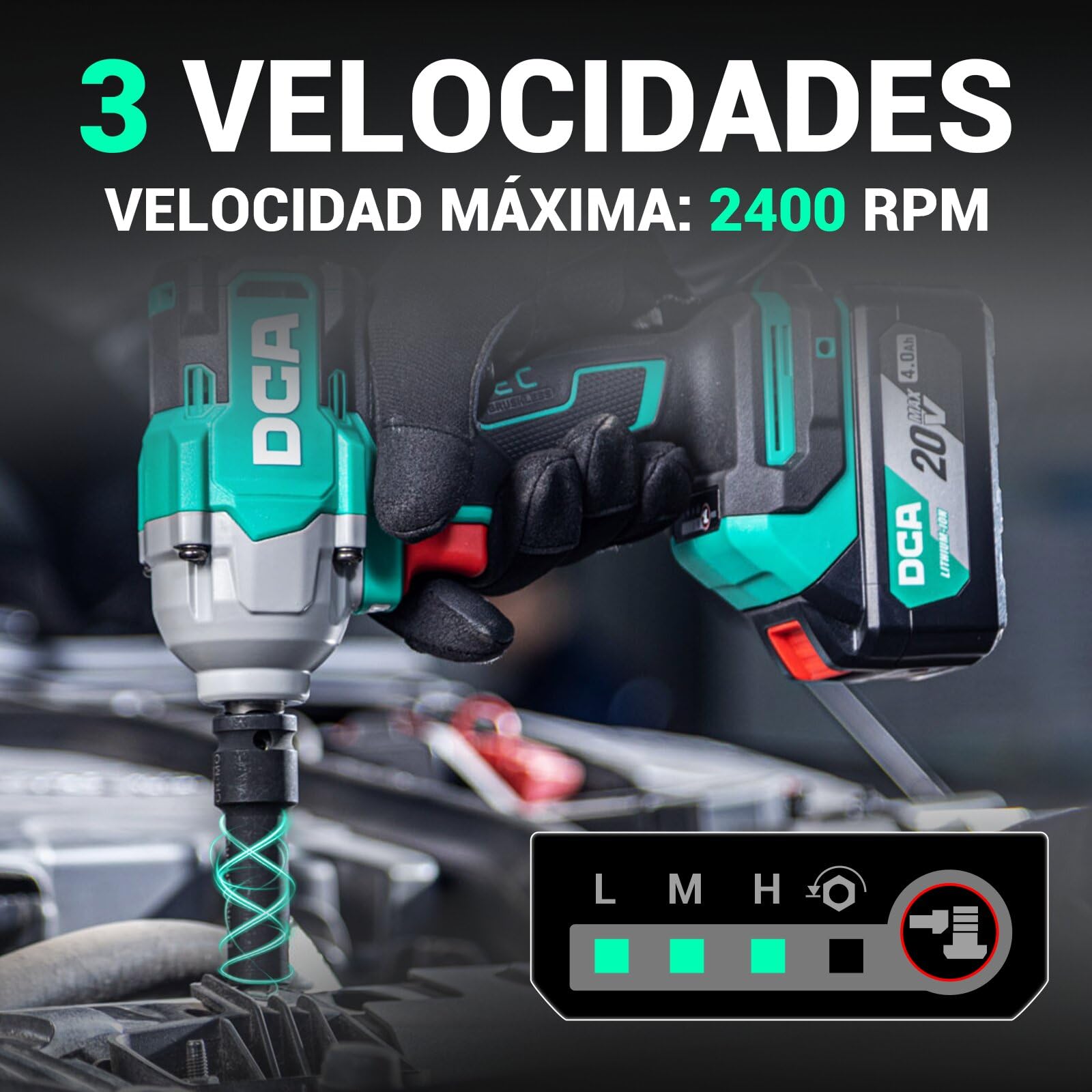 DCA Pistola de Impacto a Batería 20V, Llave de Impacto Motor Sin Escobillas 682 Nm Par Máximo, Encastre de 13 mm, 2 Baterías 4.0Ah, 4 Modos, Luz LED, Smart Loosen, ADPB520