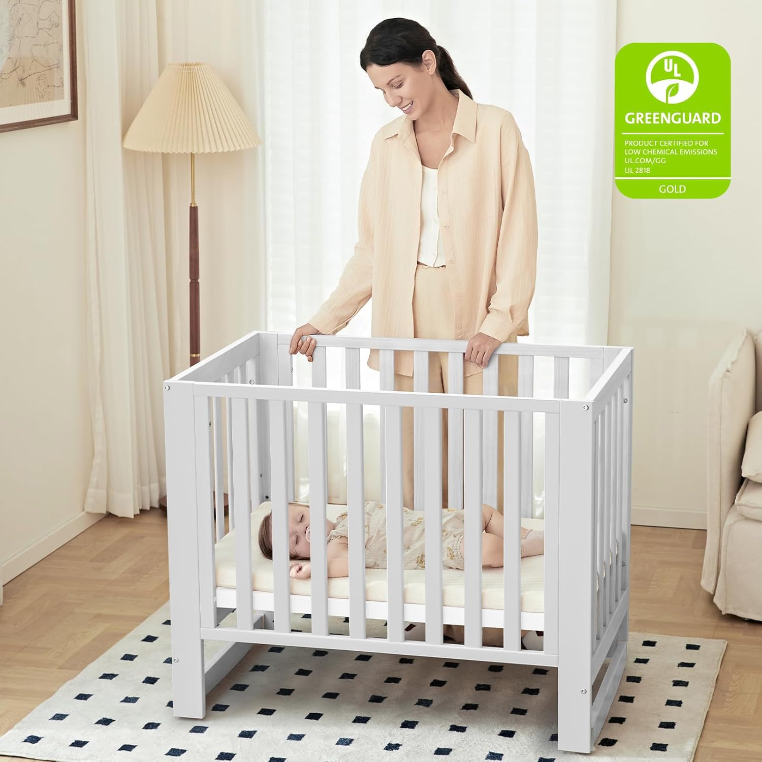 Condition photo showing New/Like New for mamazing evonest baby crib, 3 in 1 convertible mini crib with wheels, 100% new zealand wood crib, 4 adjustable mattress height, greenguard gold certified, white | long-term value.