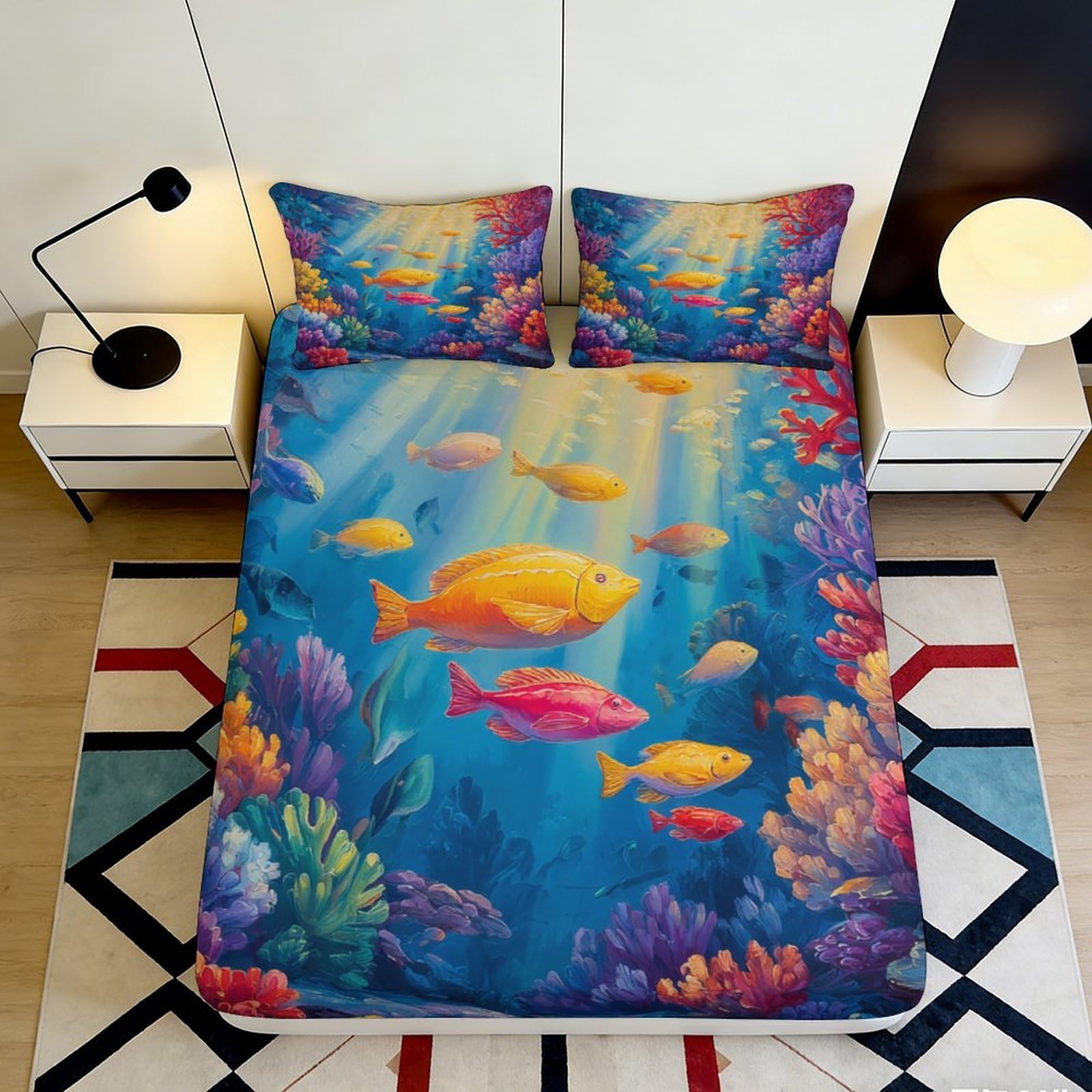 Uxinyoume Style-10 3D Printed Ocean Coral Fitted Sheet Microfiber Soft Vibrant Fish Bed Cover For Bedroom Guest Room Decor 90X200x25cm