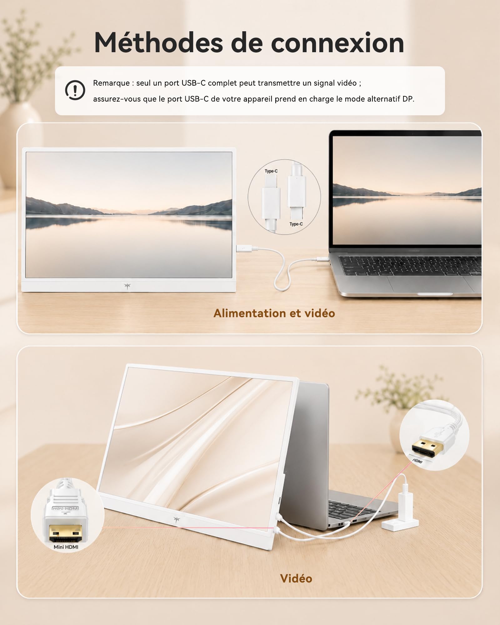 KTC Écran Portable 15,6" 1920x1080 FHD IPS, USB-C & Mini HDMI Écran Externe, HDR10, Moniteur de Jeu Ultra-Fin Portable avec Support & Haut-parleurs, pour Laptop/PC/Mac/PS3/PS4/PS5/Xbox, Blanc