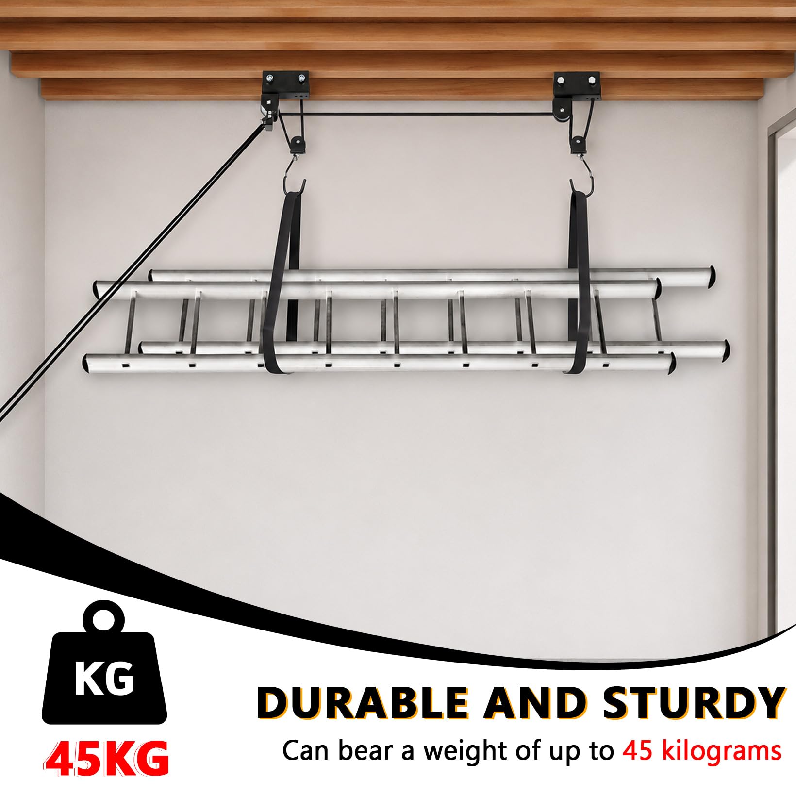 Sistema di sollevamento a puleggia, 45kg, per kayak, bici e scale | Montaggio a soffitto; risparmia spazio; funi incluse.