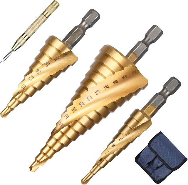 flintronic 3Pcs Spiral Grooved Step Drill Bit Set with 1 Automatic Center Punch, 4mm to 12/20/32 mm (5/32" to 5/4") HSS Titanium Coated, Hex Shank Metric Cut Tool for Wood, Stainless Steel,Metal Sheet