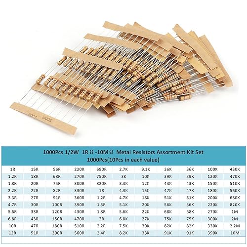 Miniatura 4 de Kit surtido de resistencias de 1000 valores de 1/2 W, 1 ohmio-10 M ohmios 5% 0.5 W resistencias de película de carbono para proyectos y experimentos