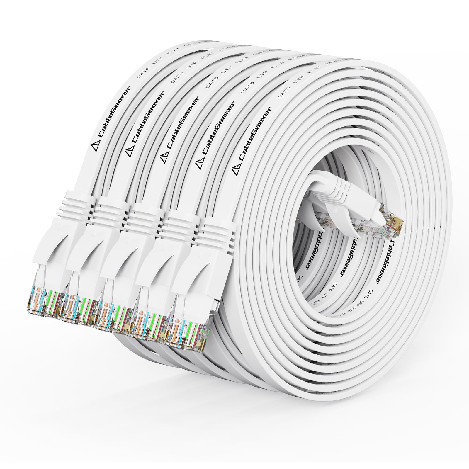 Lot de 5 câbles Ethernet Cat 6 de 3 m, cordon plat pour réseau Internet – Câble de raccordement Ethernet Cat6 court – Câble d'ordinateur avec connecteurs RJ45 anti-accroc – Blanc