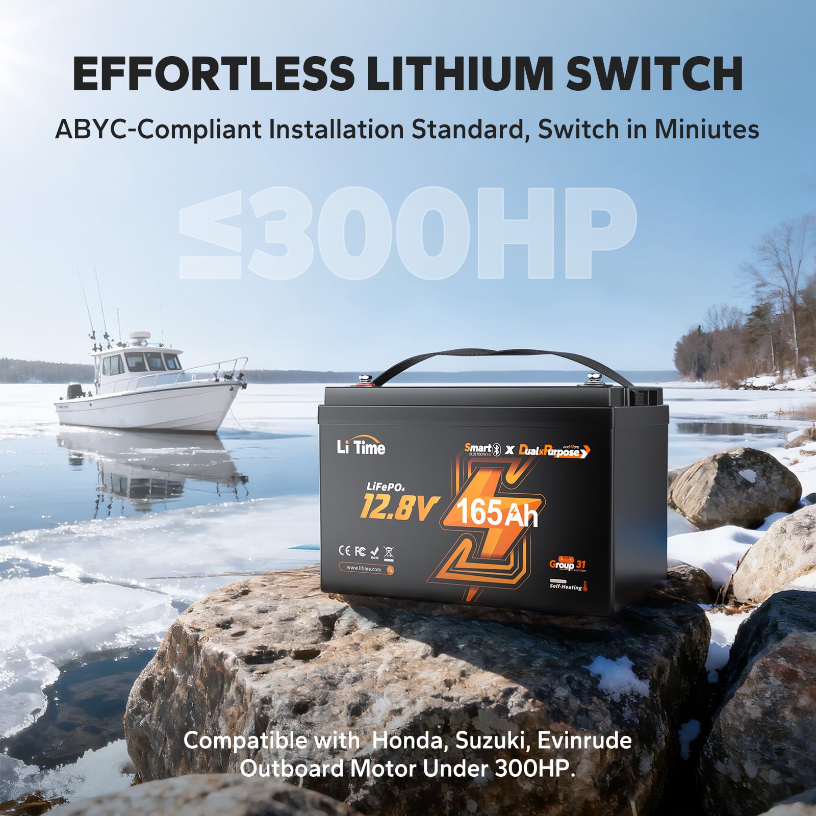 LiTime Batteria Litio 12V 165Ah LiFePO4 con Avviamento per Barche (3 pezzi) | Autoriscaldamento, Bluetooth, 1200 CCA, Max 15000 Cicli, Energia 2112Wh, IP65, Max 4P4S, per Motore Elettrico Barca, Camper