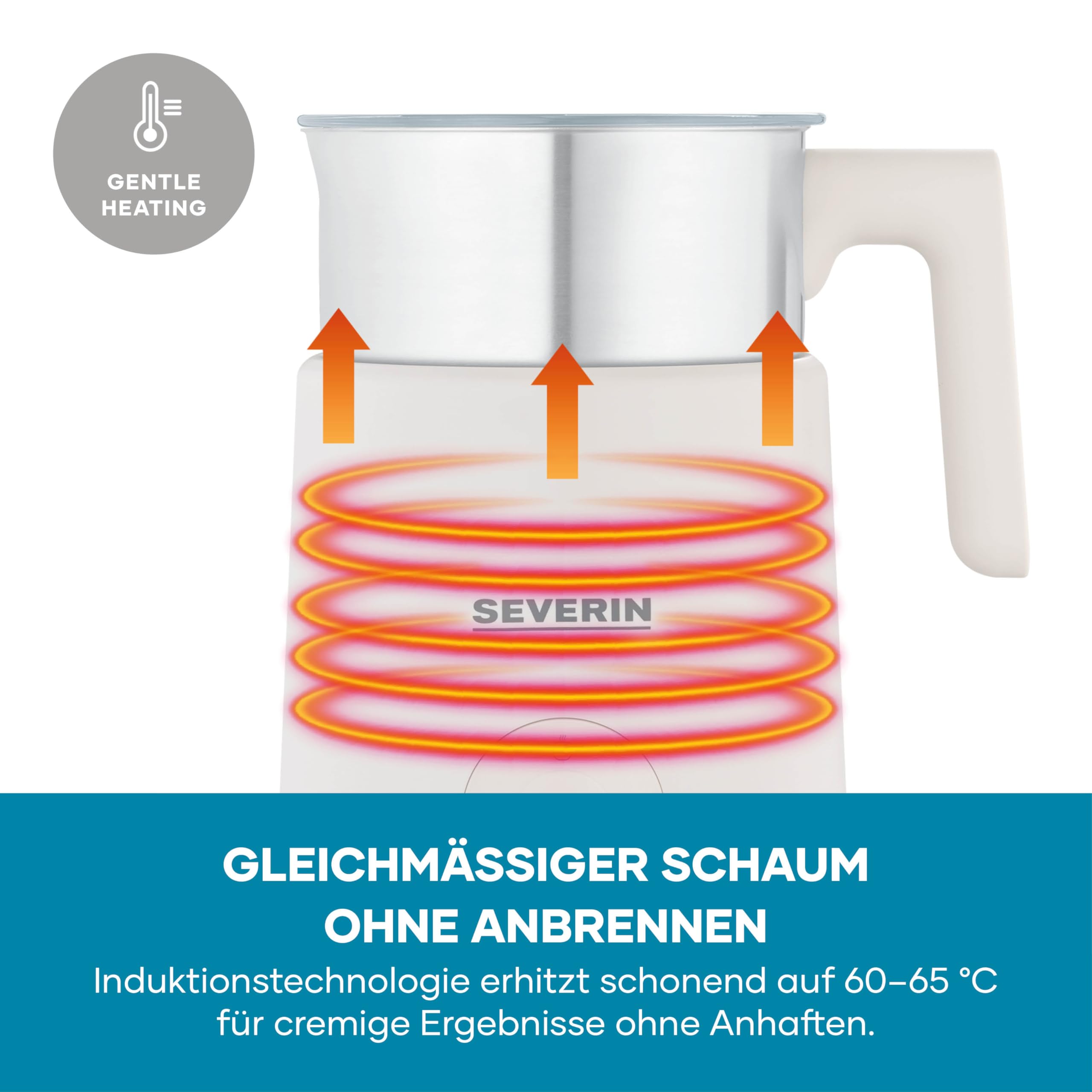 Severin Design Induktions-Milchaufschäumer, elektrischer Milchschäumer mit Edelstahlbehälter, kaltes und warmes Aufschäumen, Schokoladen-Funktion, geeignet für vegane Milch, Aesthetic, beige, SM 3589