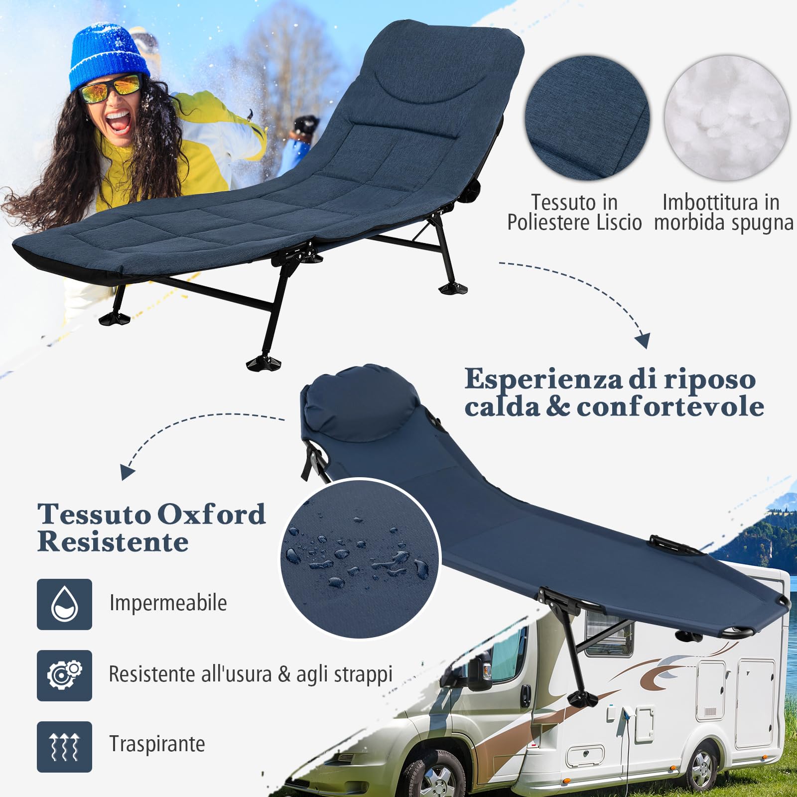 COSTWAY Brandina da Campeggio Pieghevole con Materasso Rimovibile, Poggiatesta, Schienale Regolabile in 6 Posizioni e Copripiedi Girevole a 360°, per Campeggio, Ufficio e Ospiti (Blu)