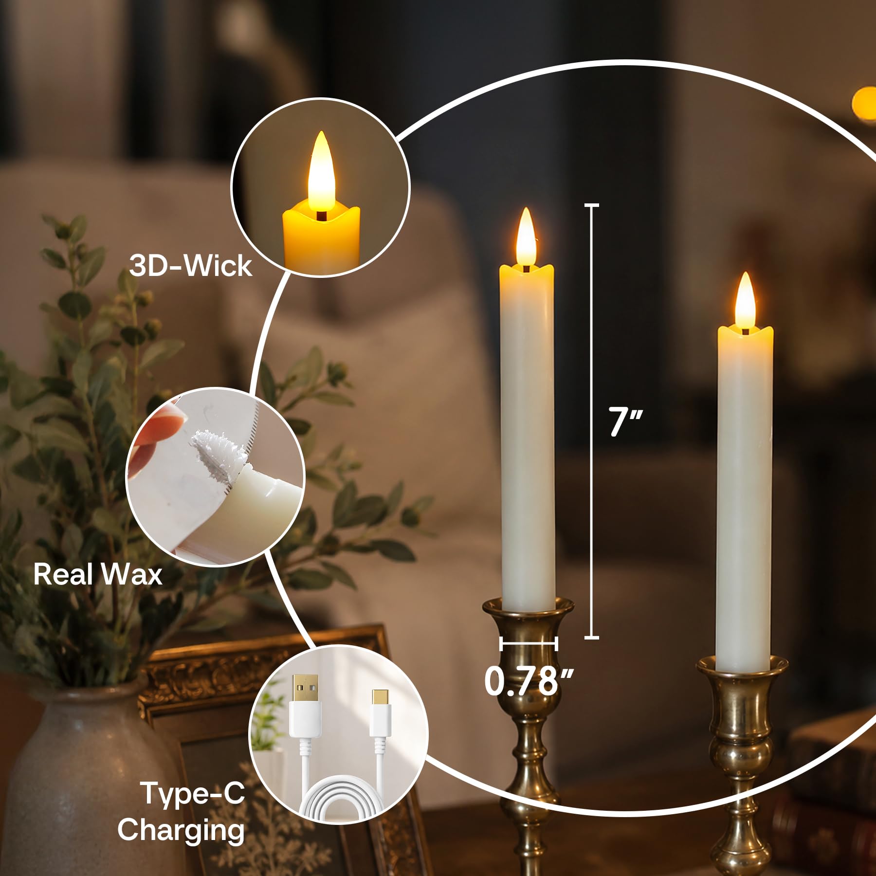 Velas LED recargables mando temporizador, sin llama Marfil cera real pack 6 base carga, parpadeante mecha 3D luz cálida candeleros decoración hogar 1,98cm x 17,8cm