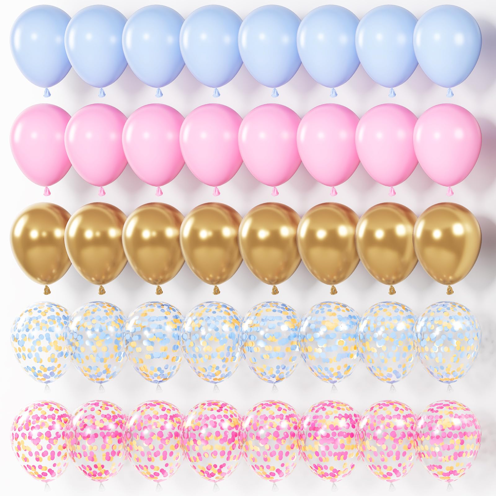 JOBKOO Pink Blue Gender Reveal Balloon Set (60pcs), Metallic Gold Balloons, Confetti Balloons, Baby Blue Balloons for Kids Birthday Party Decorations