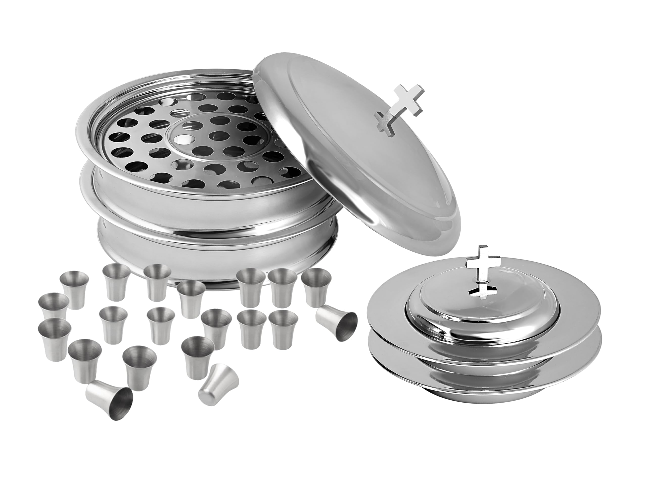 Communion Ware Church Set Stackable 2 Communion Trays with Cover & 2 Bread Plates with Cover, 80 Cups Included, Ideal for Churches | Stainless Steel - Shiny (Silver) Finish