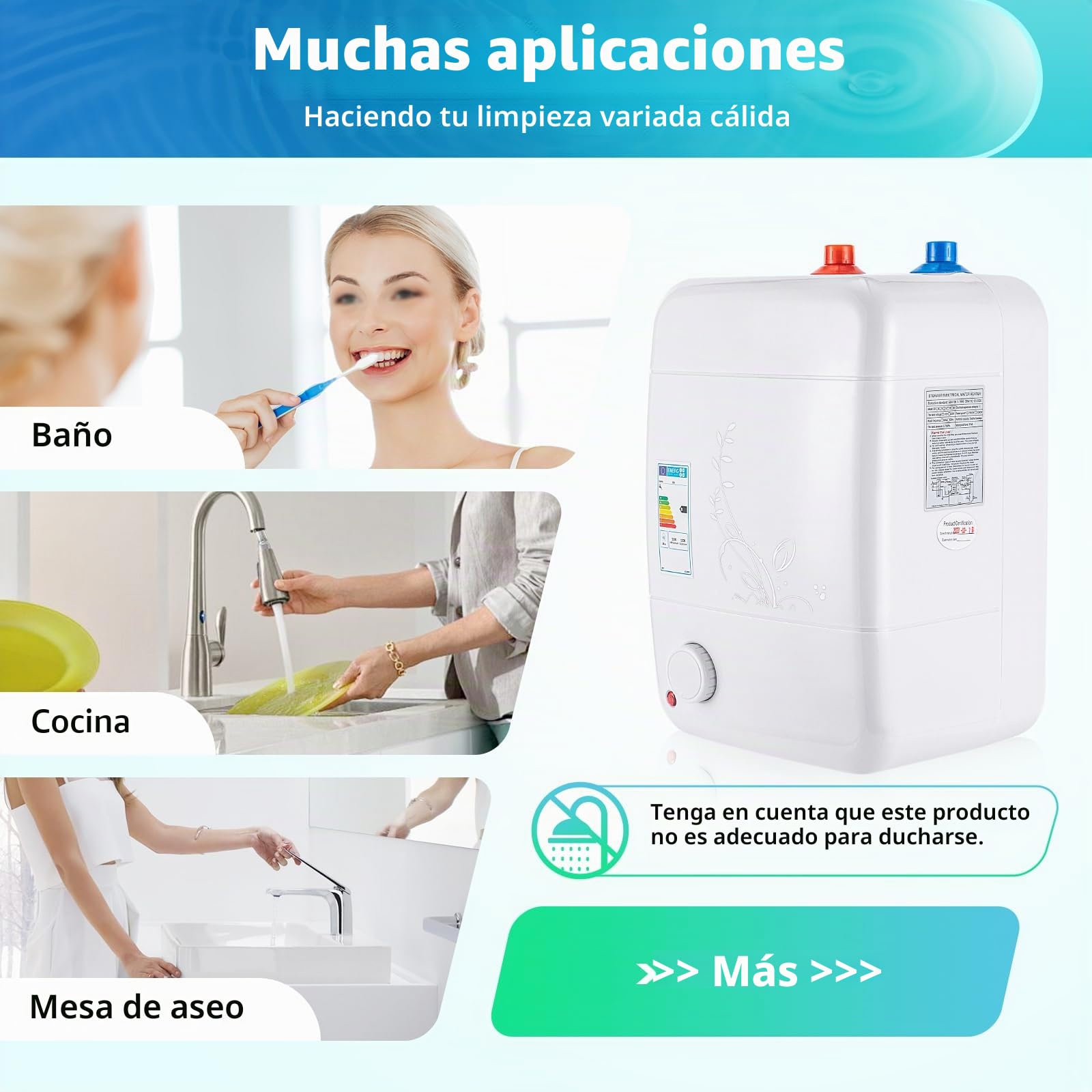 Calentador de agua de 5L, 30-75℃, bajo encimera listo para enchufar, calentador de agua pequeño portátil, para cocina, baño, ducha, escuelas