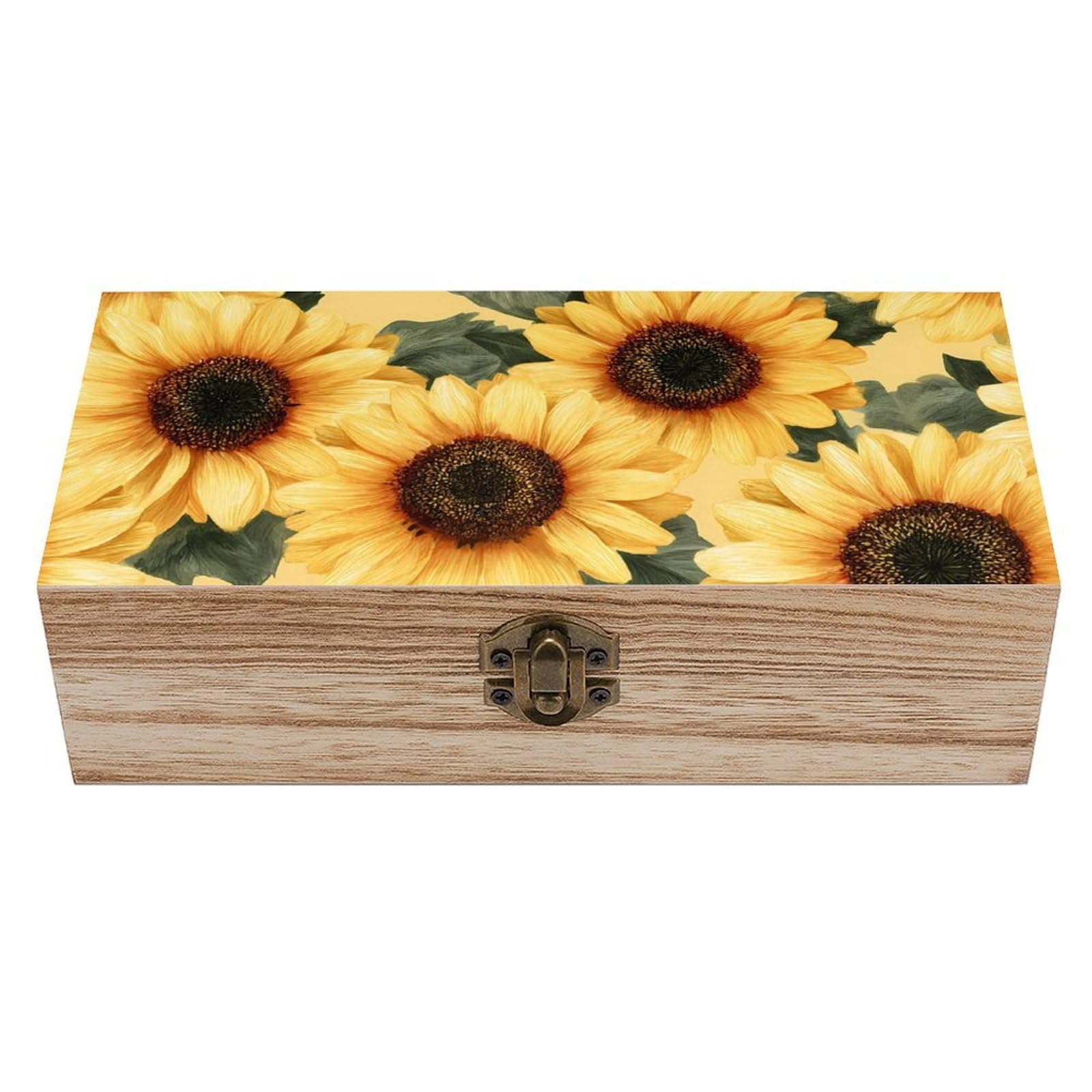 HLBSDM Tender Yellow Sunflowers Wooden Storage Box Craft Memory Keepsake Treasure Chest Box Jewelry Organizer