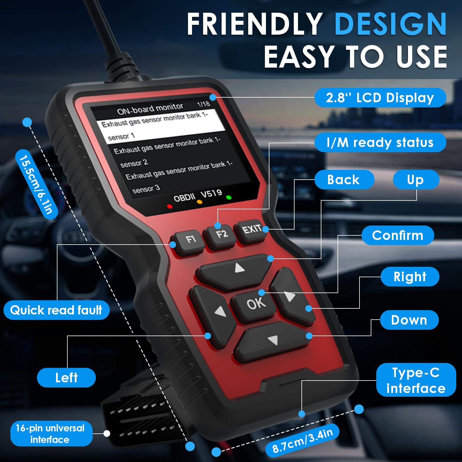 OBD2 Diagnosegerät Werkzeuge, V519 OBD2 Scanner Codeleser Motorfehlercode-Lesegerät, OBDII Diagnosegerät für Protokoll, Spannungserkennung und -überwachung, Motor Prüfen, LCD-Bildschirm