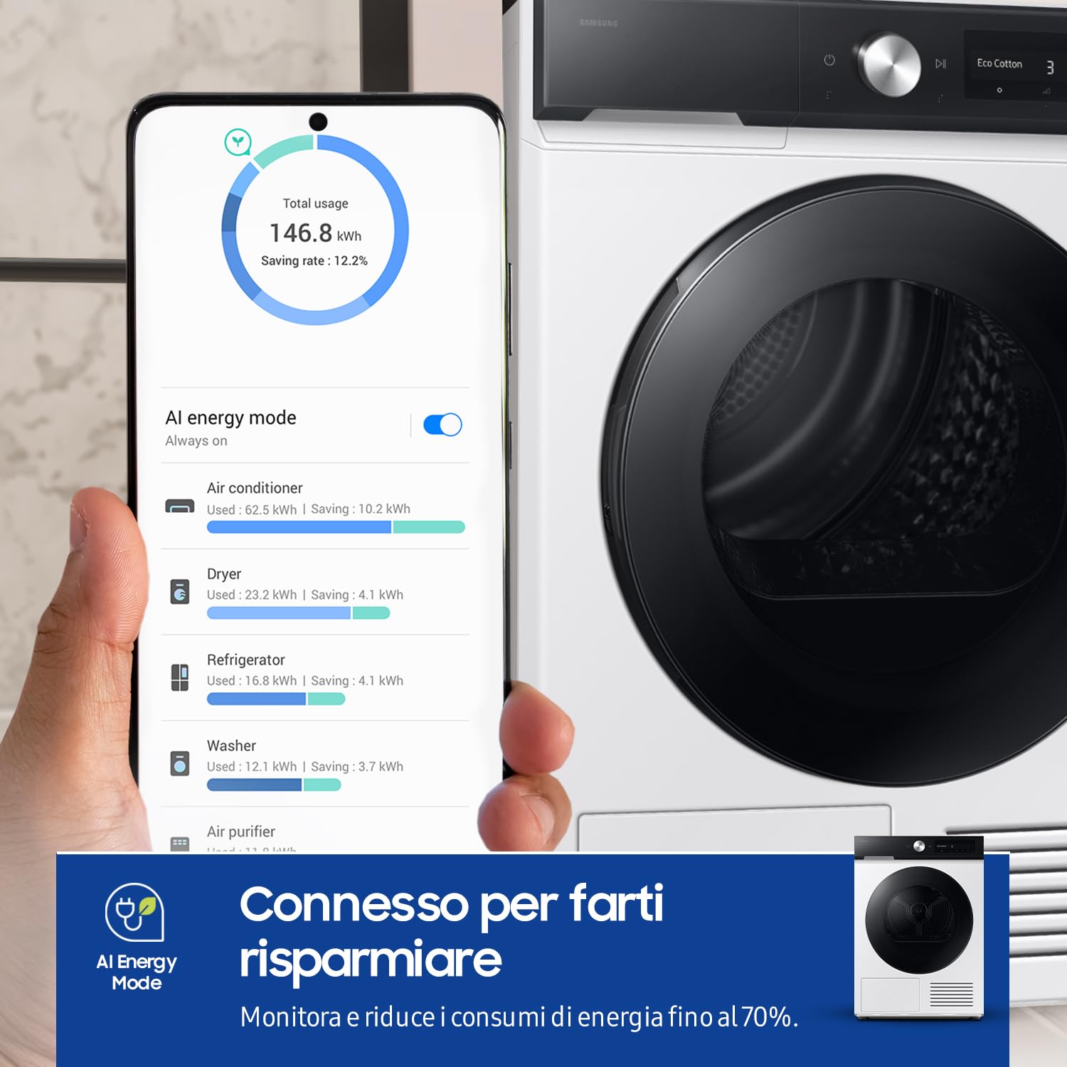 Samsung Asciugatrice Bespoke AI DV90DB7845GE/U3, 9 kg, Pompa di Calore, Wifi, QuickDrive, AI Dry, Sensore Optimal Dry, Display AI Control, Carica Frontale, 60L x 85H x 60P cm