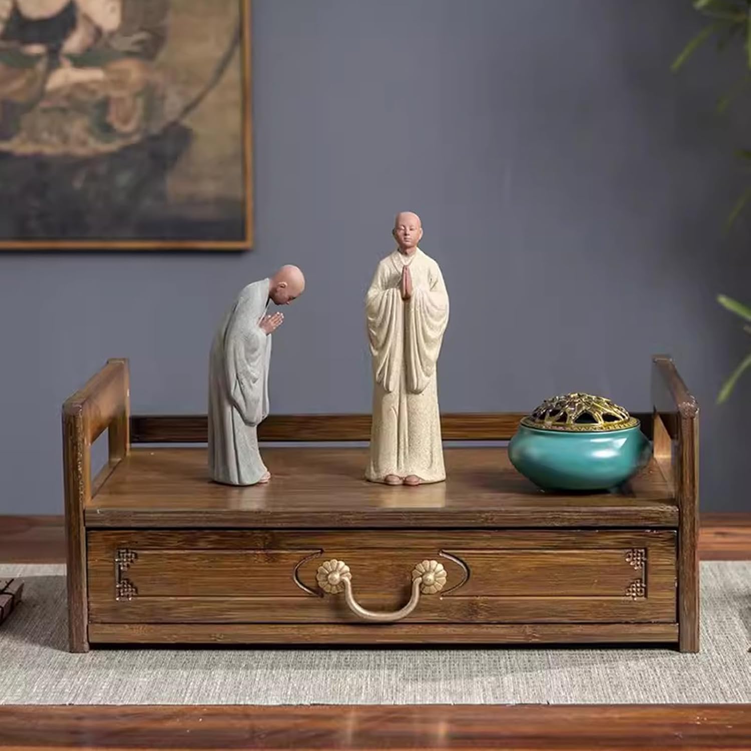 Meditation Altar Table With Drawer, 3-Tier Bamboo Puja Altar Shrine Table Buddhist Statues Storage Rectangular Carved Altar Table For Deceased/Buddhist/Tea Home (Size:1-Layer 69CM(27.1"),Color:Walnut)