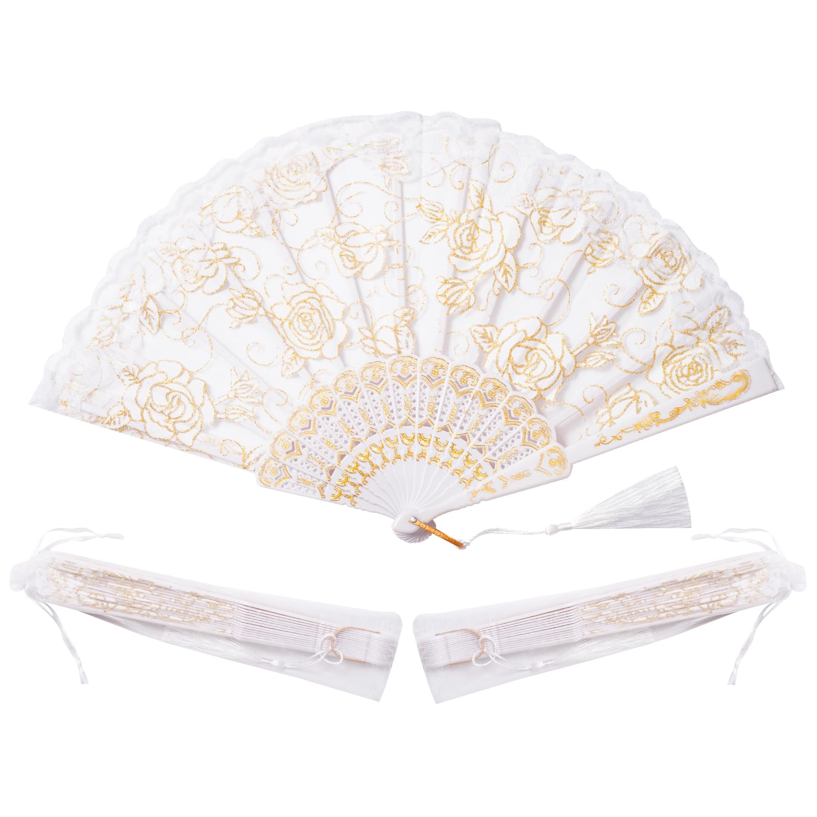 30pcs White Rose Lace Floral Folding Hand Fans Chinese Retro Folding Fan Bridal Dancing Props Church Wedding Party Favors with Organza Bags