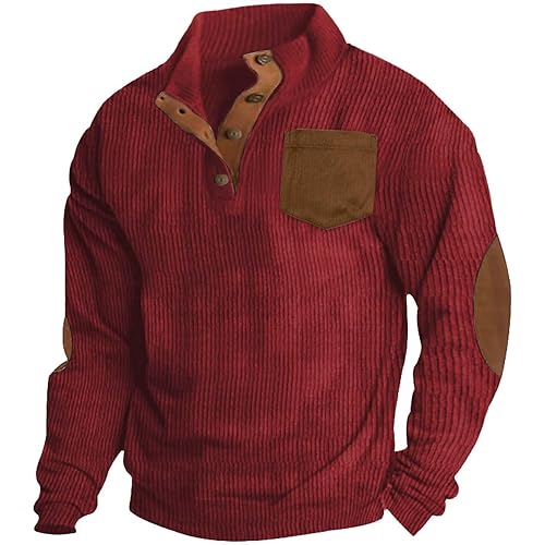 Winter Corduroy Shirts Men 2024 Casual Henry Stand Collar Quarter Button Up Vintage Long Sleeve Mock N