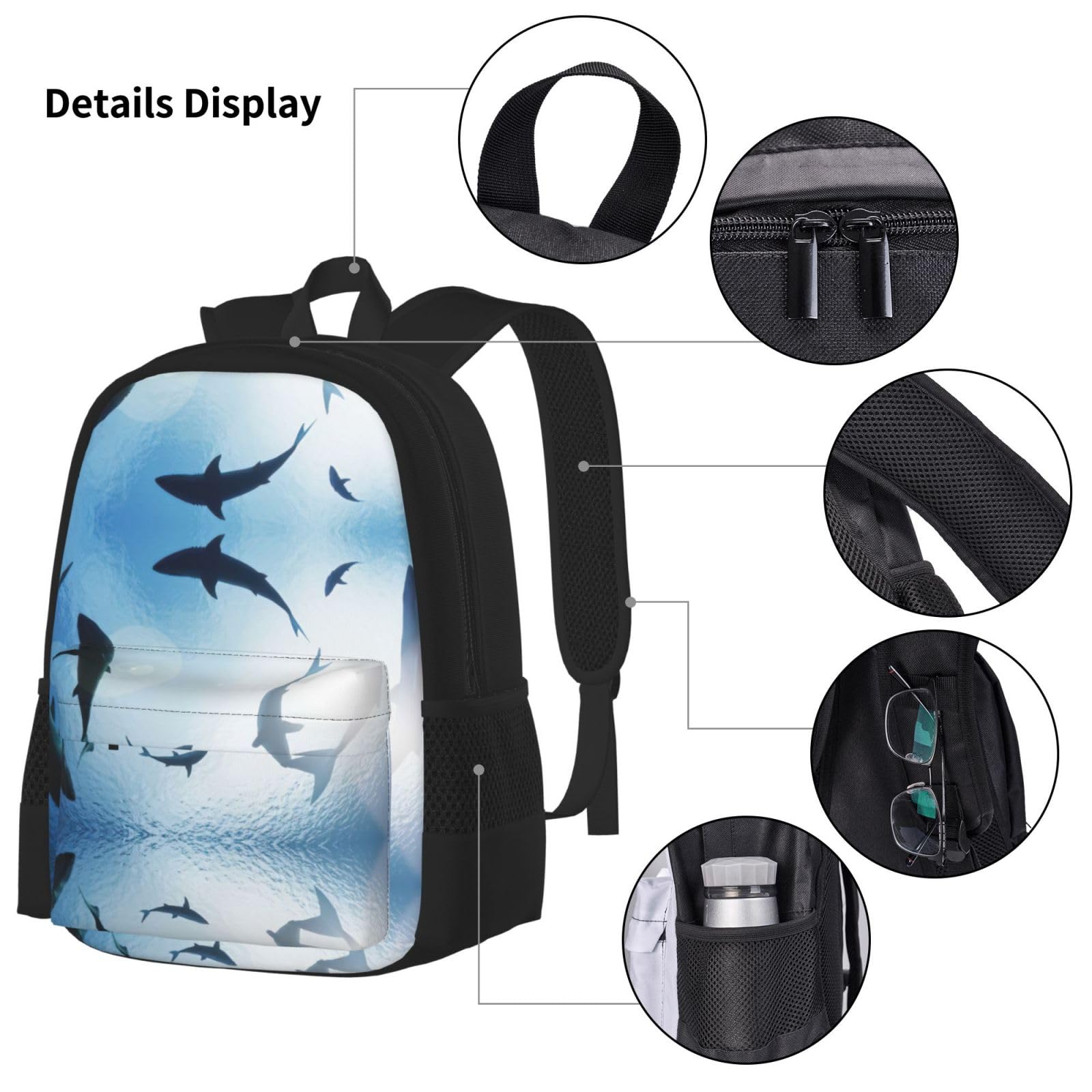 Juego de 3 mochilas escolares con estampado de tiburón y animales oceánicos, mochila para laptop resistente al agua de gran capacidad con bolsa de almuerzo aislada y estuche para lápices para