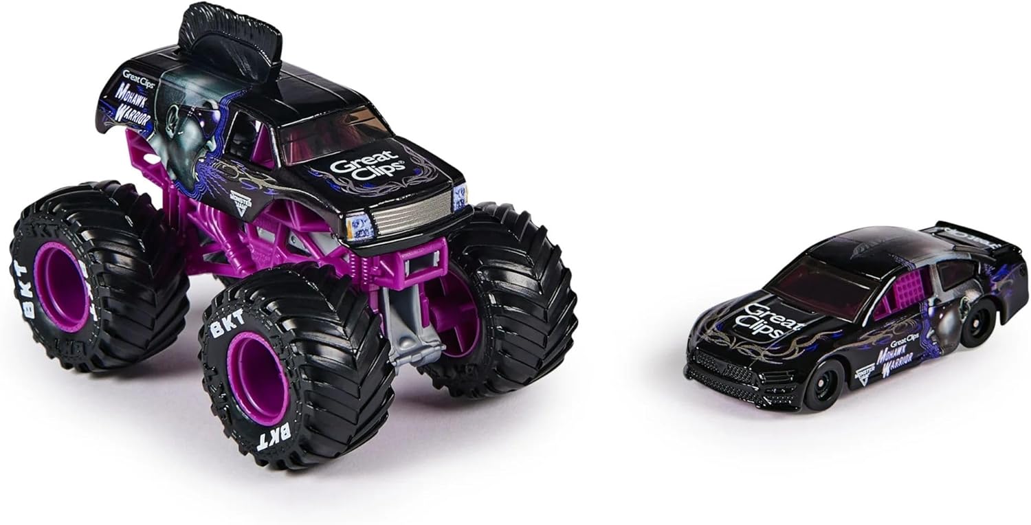 Monster Jam Official 1:64 Scale Diecast 2-Pack Monster Truck and Race Car Series 4 Mohawk Warrior, Purple