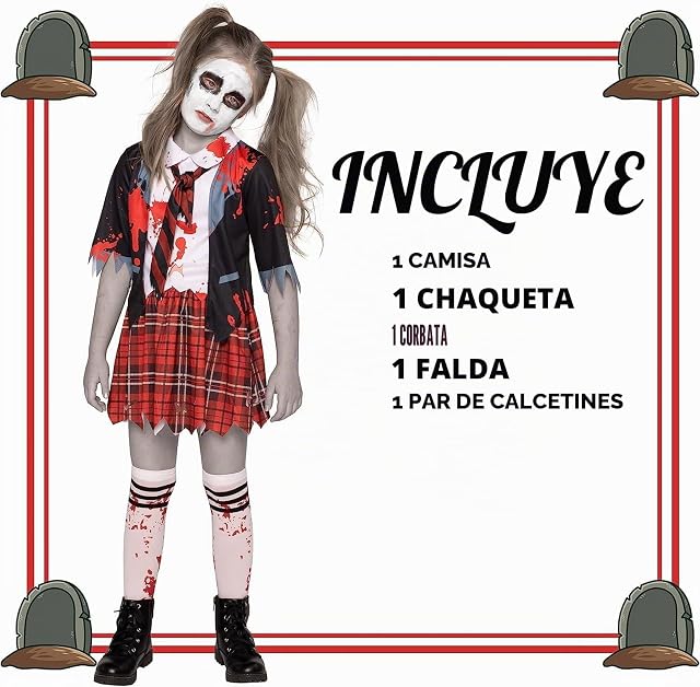 Foto 5 de 8 de Spooktacular Creations Disfraz de colegiala zombi, disfraz de zombi sangriento para niña, para Halloween