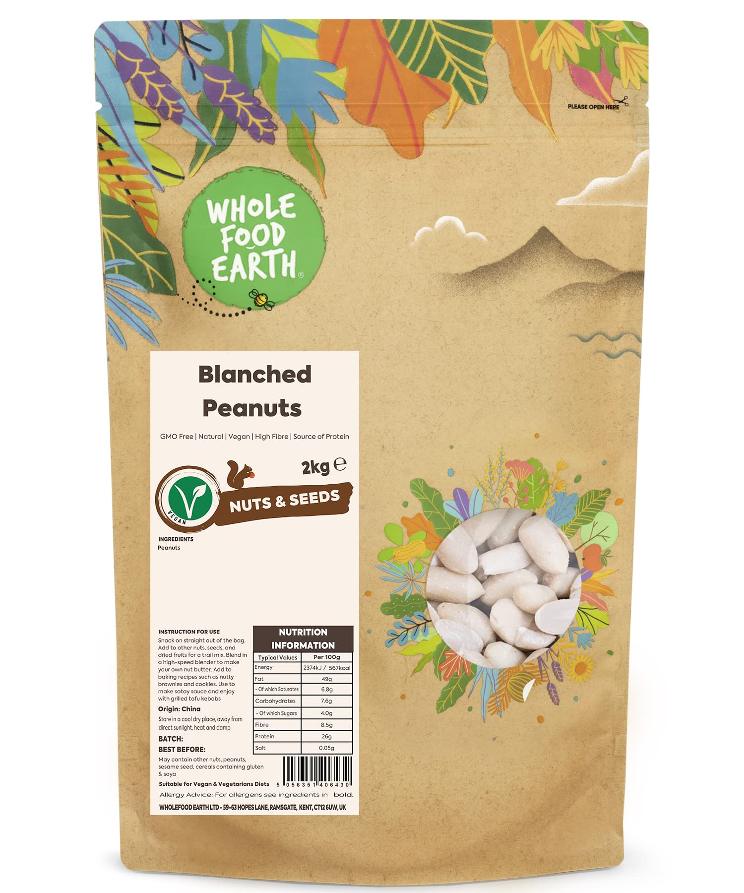 Wholefood Earth Blanched Peanuts 2 kg | GMO Free | Natural | High Fibre | Source of Protein