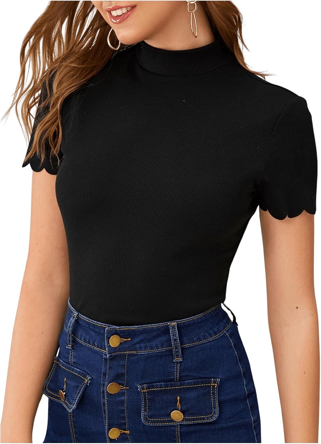 SweatyRocks Women's Mock Neck Ribbed Knit Scallop Short Sleeve T Shirt Tops - Image 3