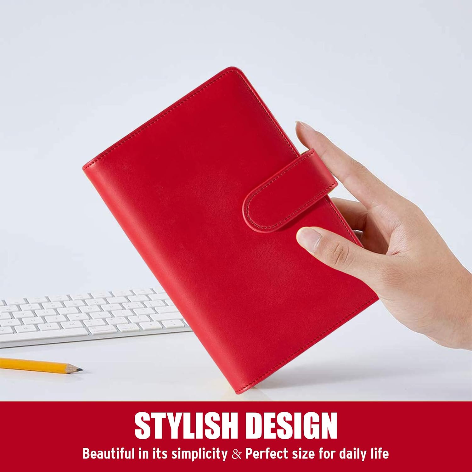 Sooez A6 Notebook Binder, 6 Ring Planner Binder A6 PU Leather Notebook Binder, Loose Leaf Personal Organizer Binder Cover with Magnetic Buckle Closure, PU Leather Portfolio Binder, Red