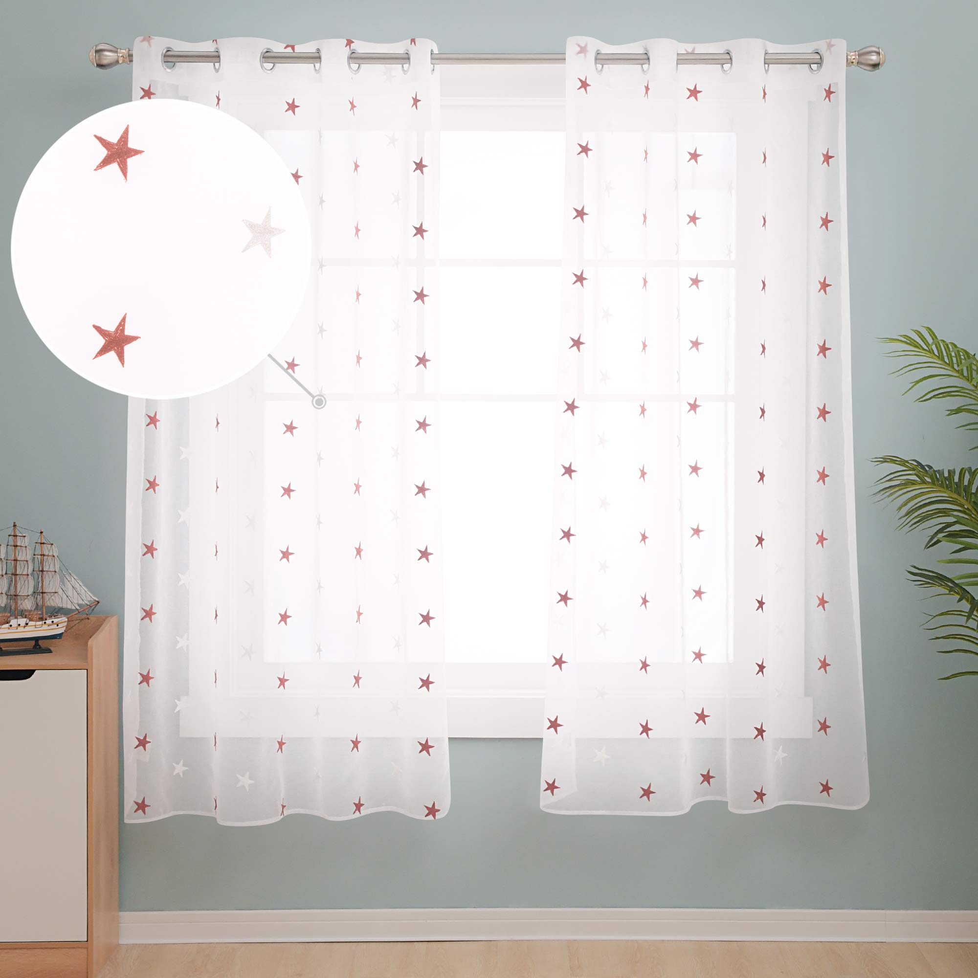 Deconovo Star - Orange Eyelet Faux Linen Net Curtains Embroidery Star Voile Curtains Super Soft Semi Sheer Curtains 55 X 71 Drop Inch Orange 1 Pair