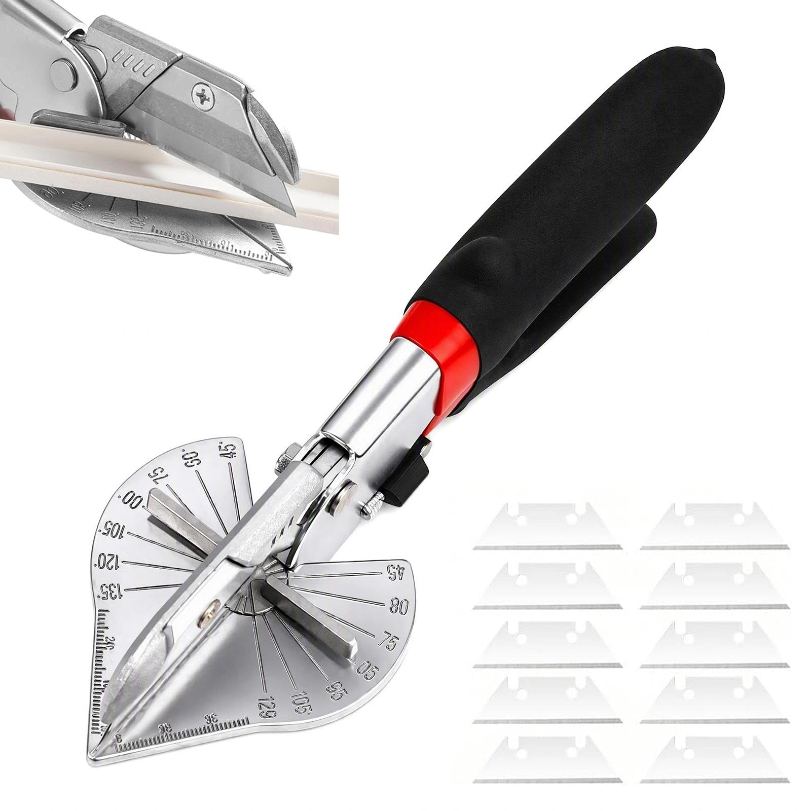 Mitre Shears, 45-135 Degree Multi Angle Trim Cutter with 10 Spare Blades, Adjustable Hand Tool, for Cutting Soft Wood, PVC, Plastic, Blind & Trunking Cutter